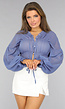 Blauwe See Through Blouse met Pofmouwen