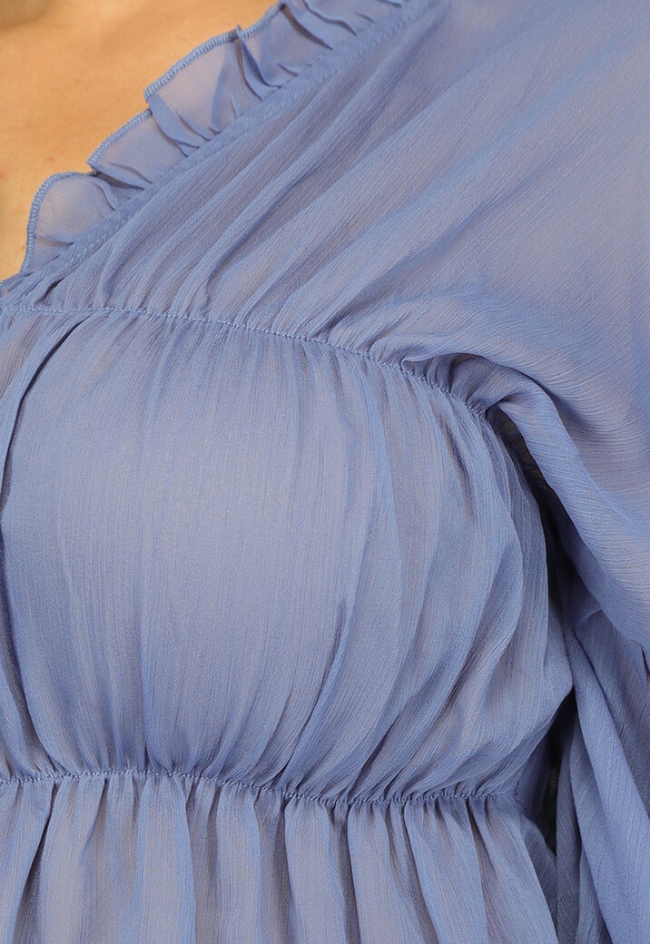 Blauwe See Through Blouse met Pofmouwen