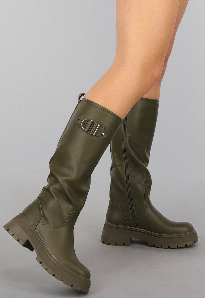 Hoge Lederlook Boots in Khaki