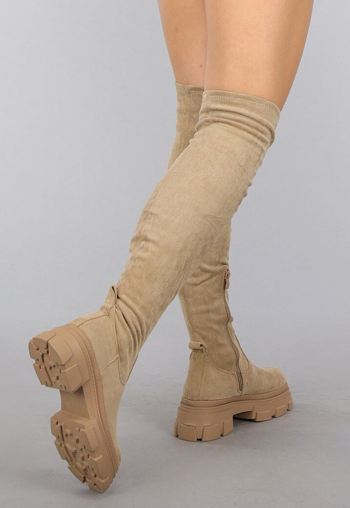 Zachte Gevoerde Taupe Overknee Laarzen in Suèdelook