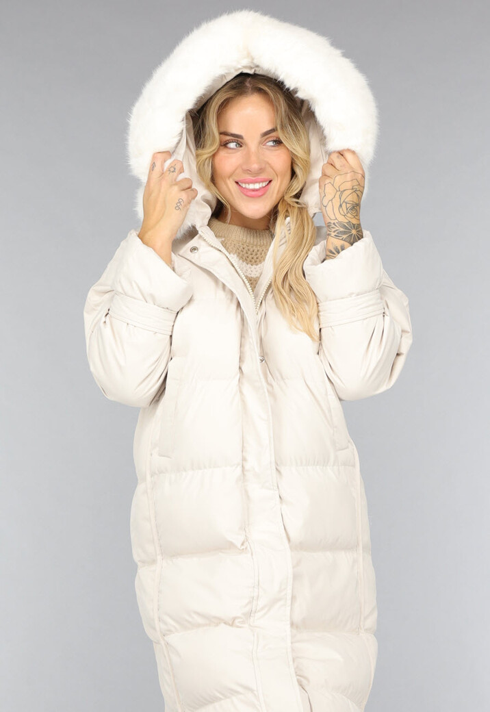 Beige Oversized Gevoerde Lange Winterjas