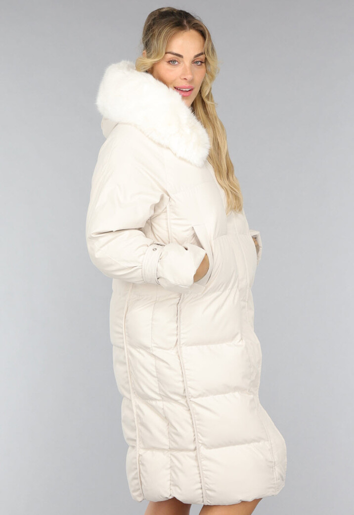 Beige Oversized Gevoerde Lange Winterjas