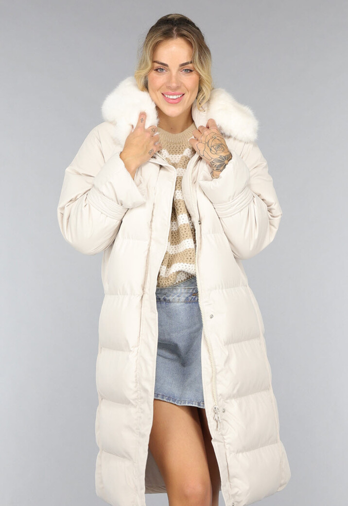 Beige Oversized Gevoerde Lange Winterjas