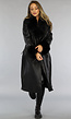 Zwarte Lange Lederlook Jas met Tailleband en Bont