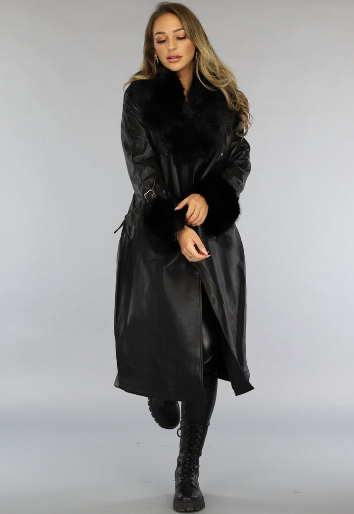 Zwarte Lange Lederlook Jas met Tailleband en Bont