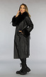 Zwarte Lange Lederlook Jas met Tailleband en Bont