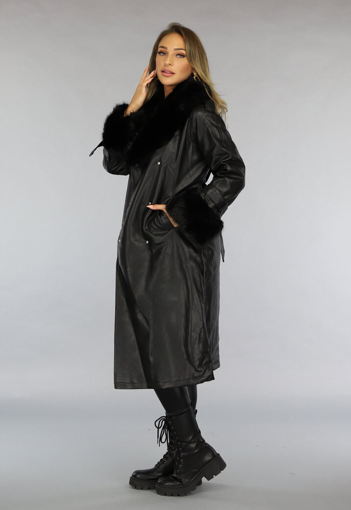 Zwarte Lange Lederlook Jas met Tailleband en Bont