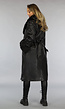 Zwarte Lange Lederlook Jas met Tailleband en Bont