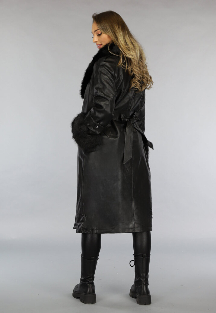 Zwarte Lange Lederlook Jas met Tailleband en Bont