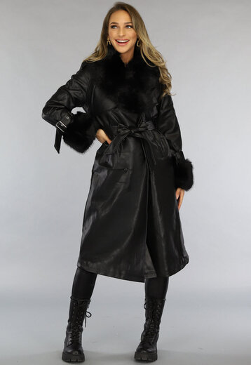 Zwarte Lange Lederlook Jas met Tailleband en Bont