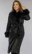 Zwarte Lange Lederlook Jas met Tailleband en Bont