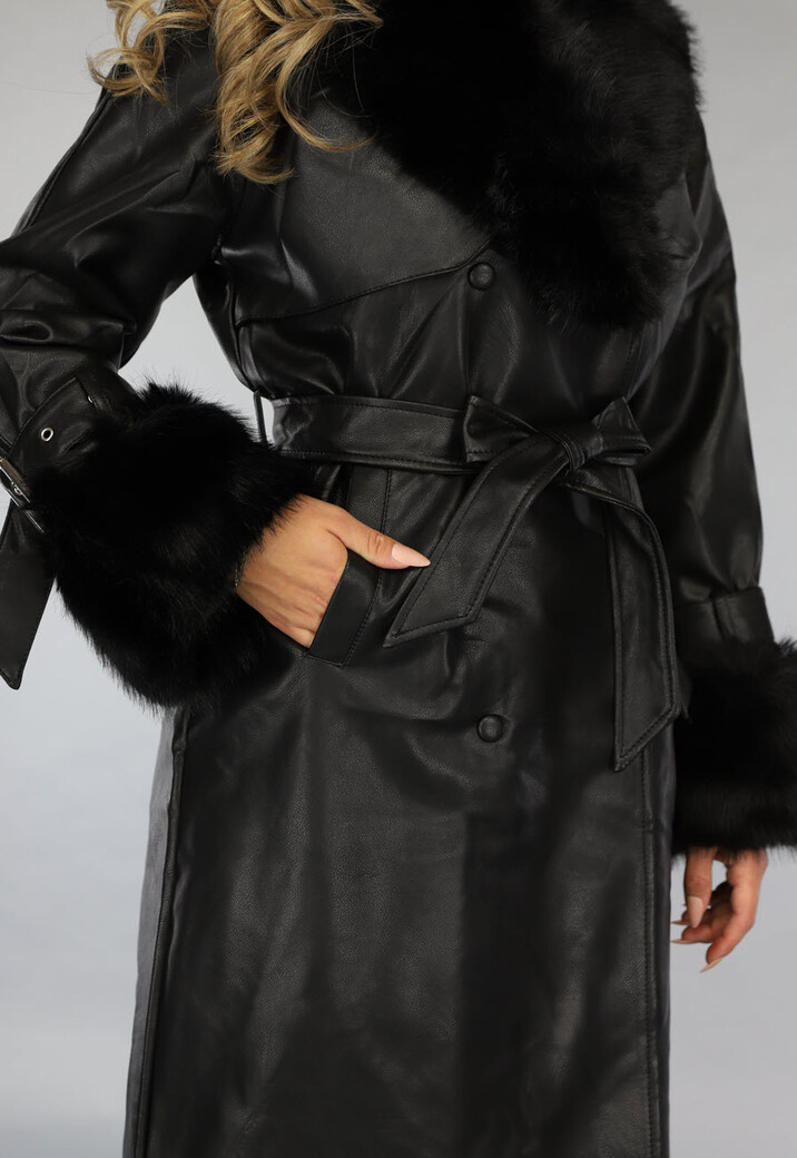Zwarte Lange Lederlook Jas met Tailleband en Bont