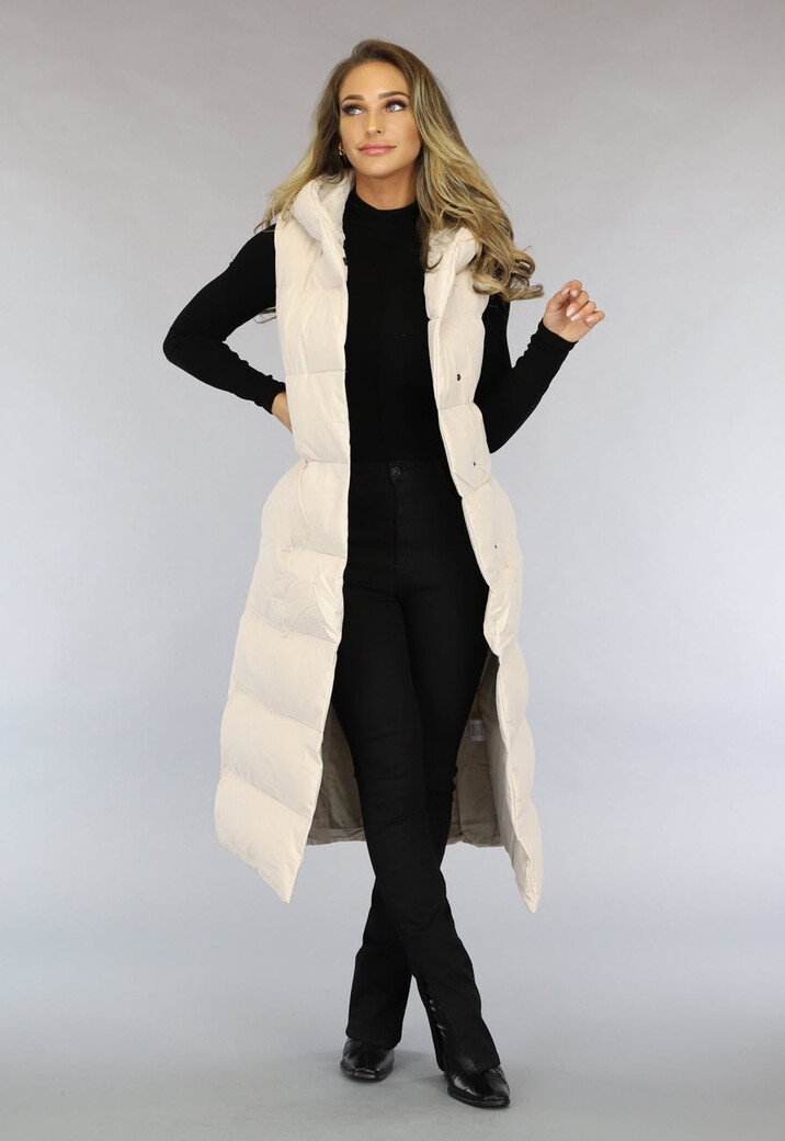 Beige Lange Bodywarmer met Capuchon