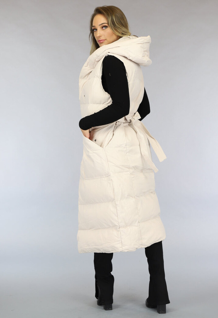Beige Lange Bodywarmer met Capuchon