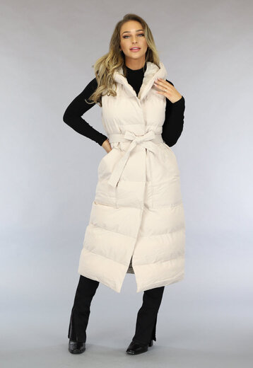Beige Lange Bodywarmer met Capuchon