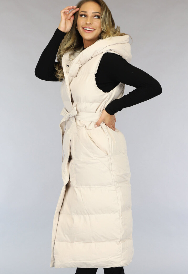 Beige Lange Bodywarmer met Capuchon