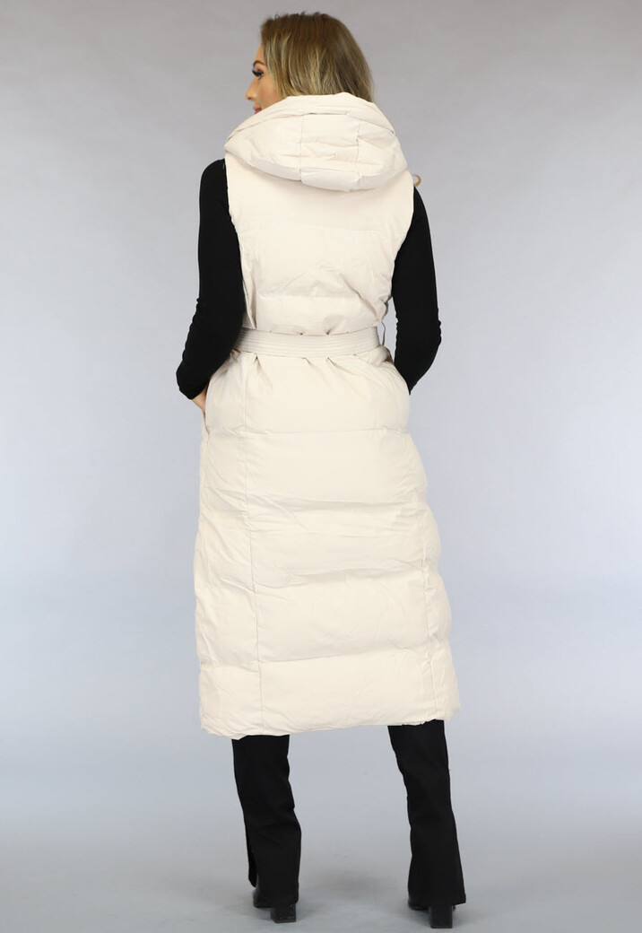 Beige Lange Bodywarmer met Capuchon