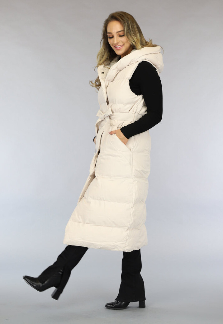 Beige Lange Bodywarmer met Capuchon