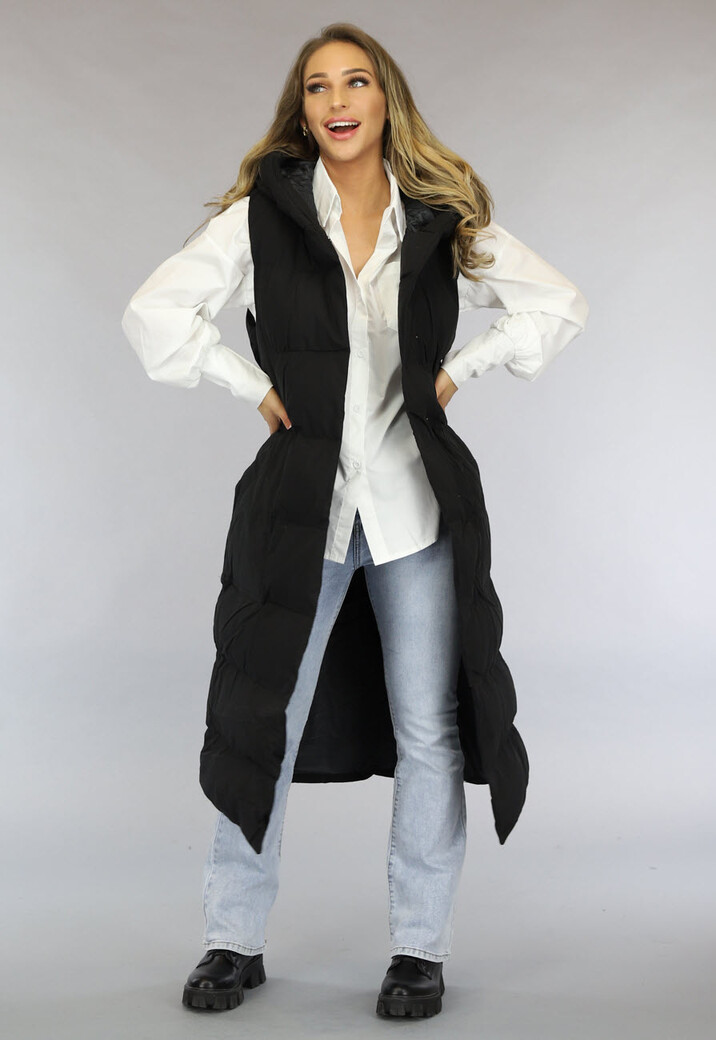 Zwarte Lange Bodywarmermet Ceintuur