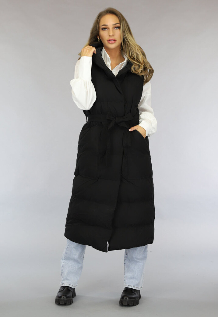 Zwarte Lange Bodywarmermet Ceintuur