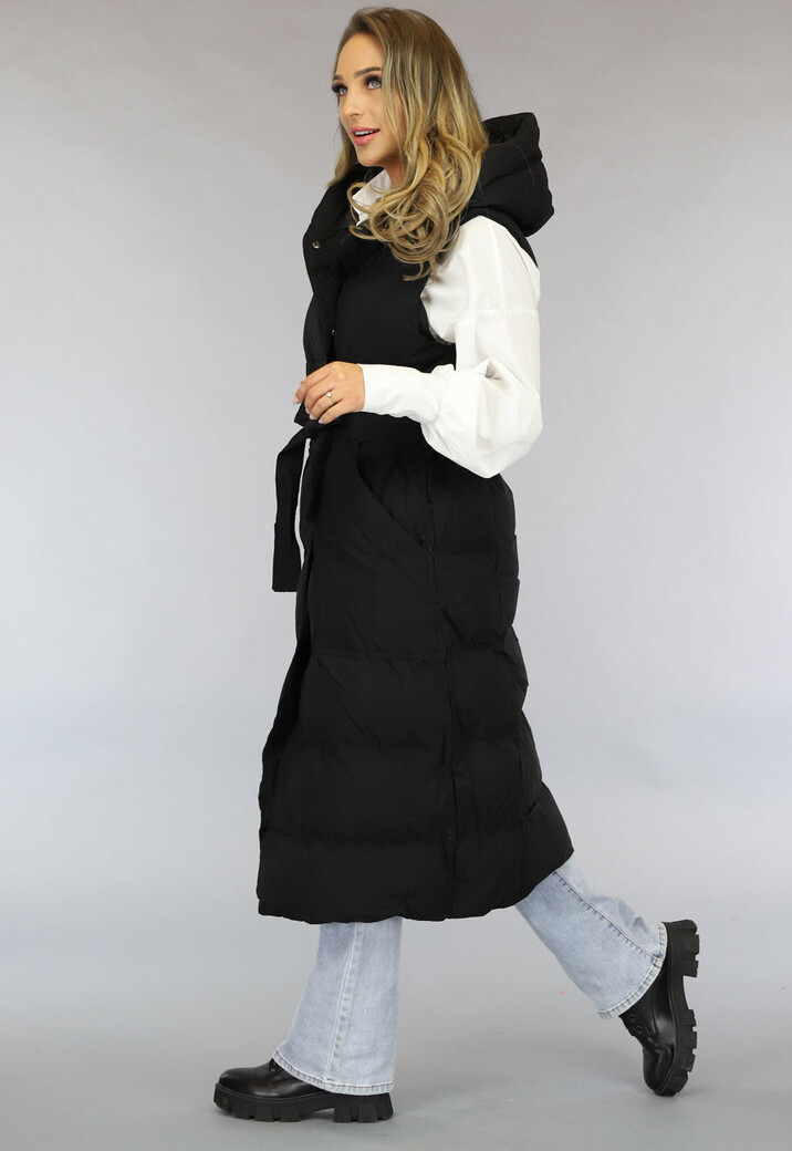 Zwarte Lange Bodywarmermet Ceintuur