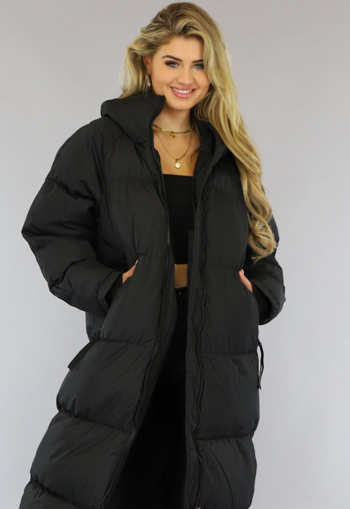 Zwarte Gewatteerde Lange Oversized Winterjas