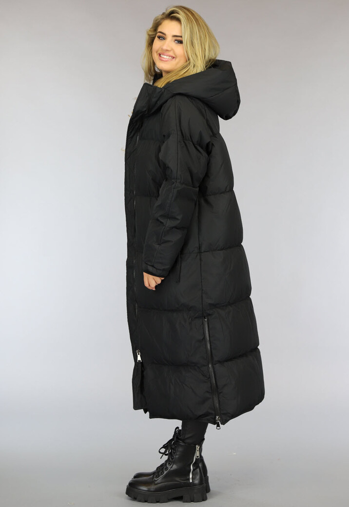 Zwarte Gewatteerde Lange Oversized Winterjas