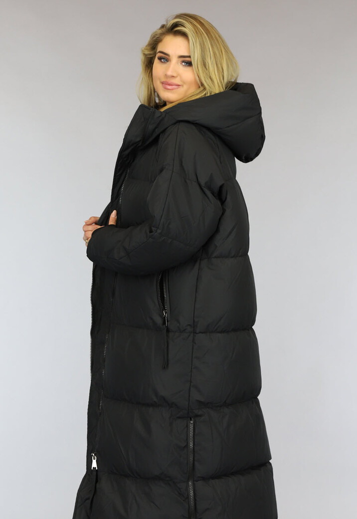 Zwarte Gewatteerde Lange Oversized Winterjas