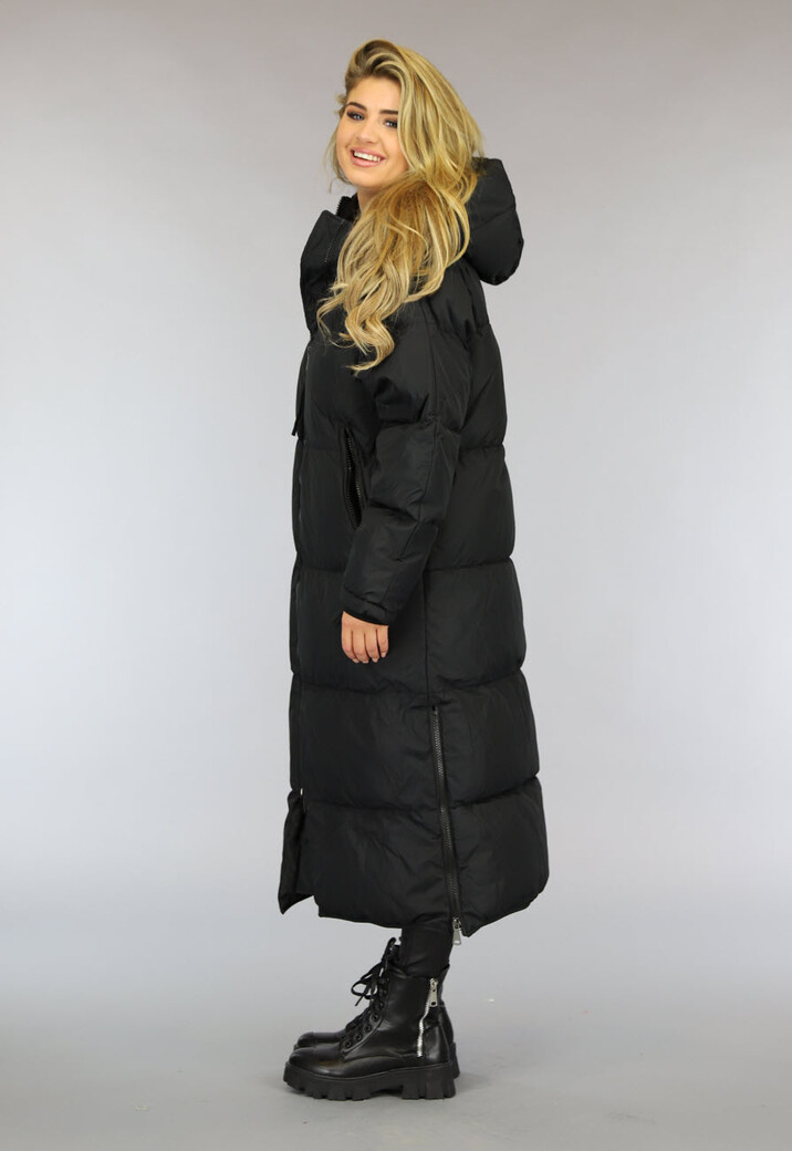 Zwarte Gewatteerde Lange Oversized Winterjas