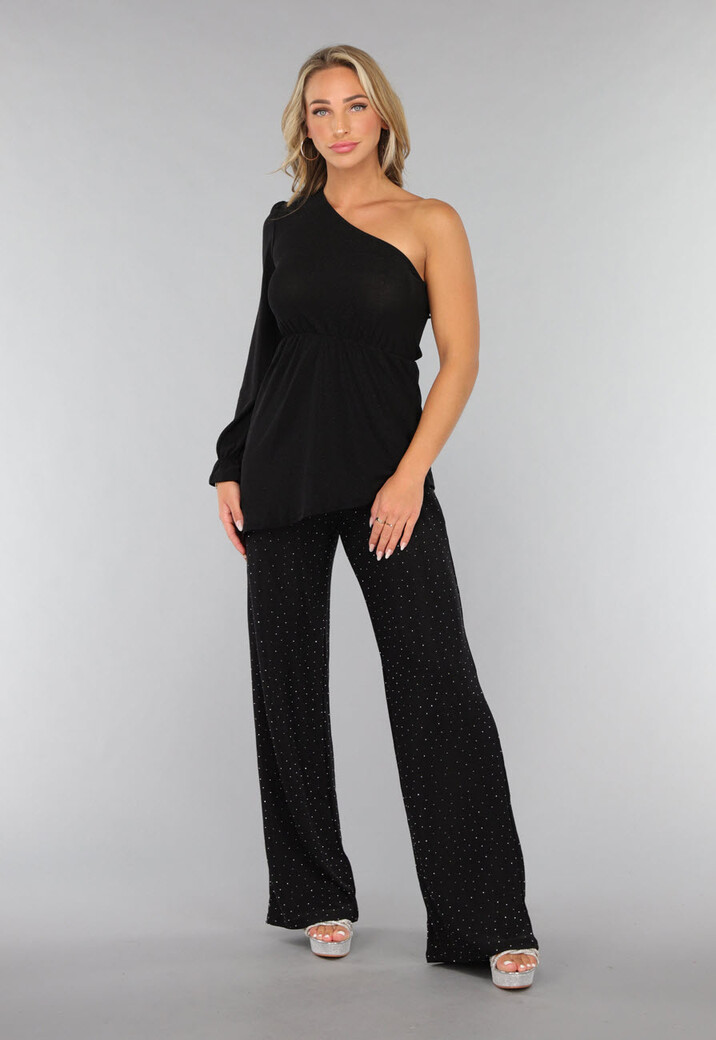 Zwarte Asymmetrische Top met Ruffle Mouw