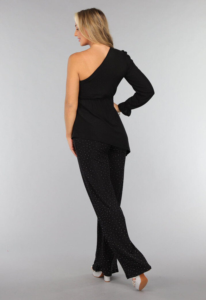 Zwarte Asymmetrische Top met Ruffle Mouw