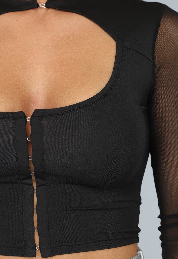 Zwarte Rave Crop Top met Mesh Mouwen en Haaksluiting