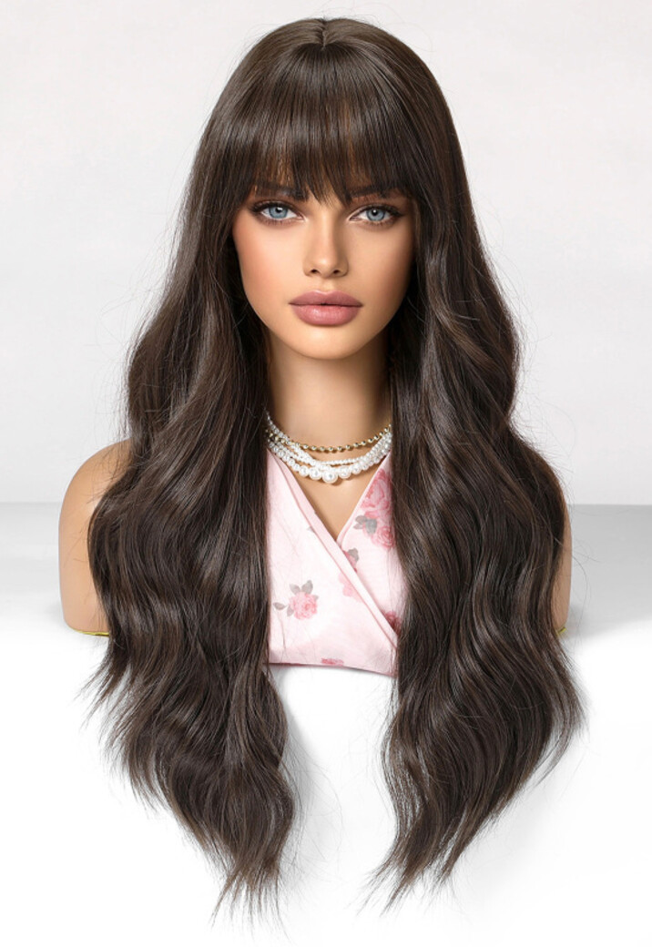 Donkerbruine Golvend Haarstuk met Pony