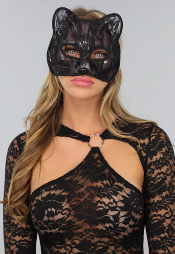 Zwart Katten Masker met Bloemen Kant