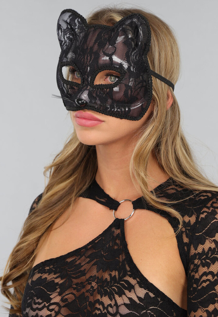 Zwart Katten Masker met Bloemen Kant