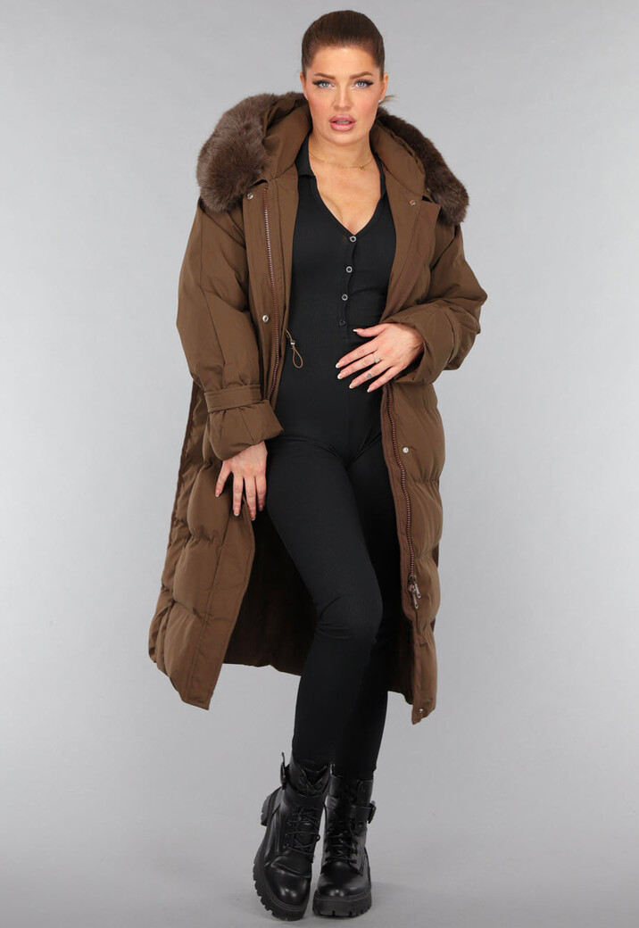 Lange Bruine Gewatteerde Winterjas met Bontkraag