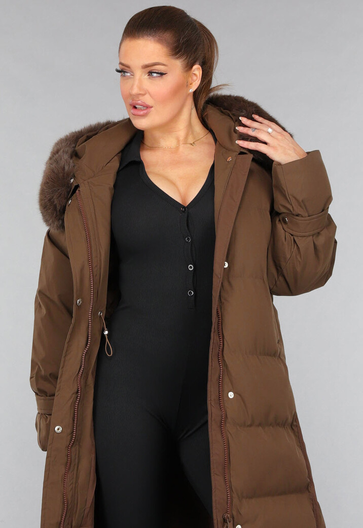 Lange Bruine Gewatteerde Winterjas met Bontkraag