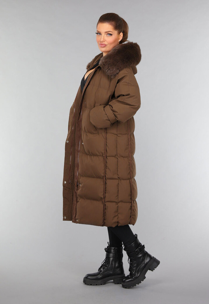 Lange Bruine Gewatteerde Winterjas met Bontkraag