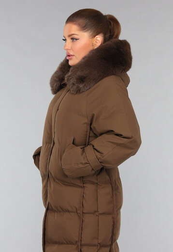 Lange Bruine Gewatteerde Winterjas met Bontkraag
