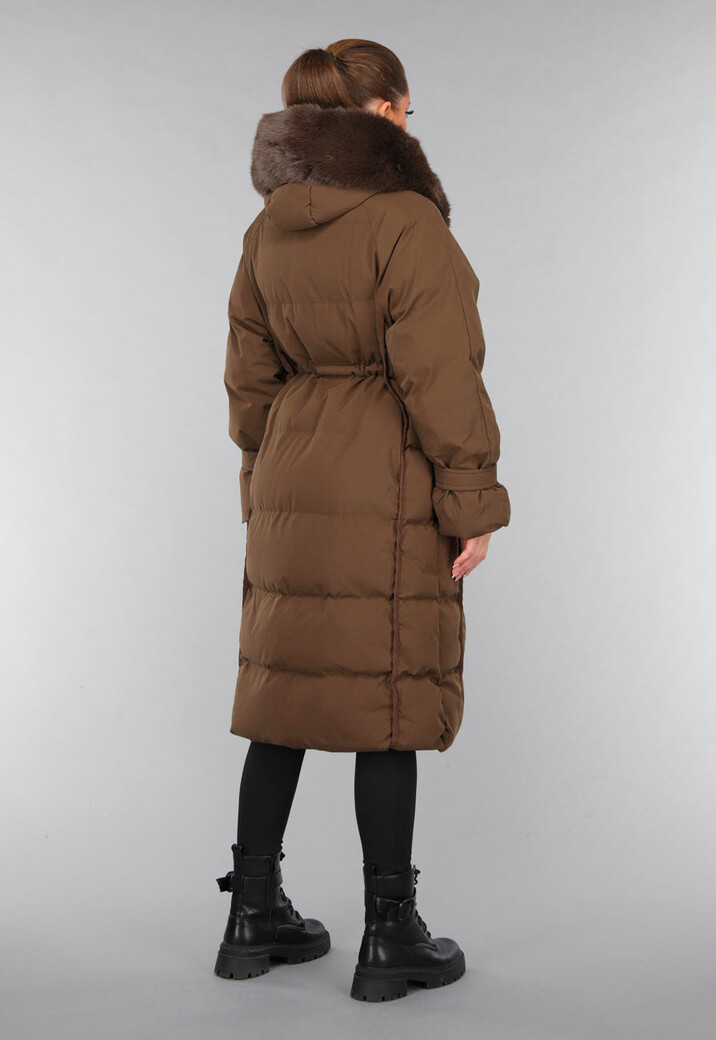 Lange Bruine Gewatteerde Winterjas met Bontkraag