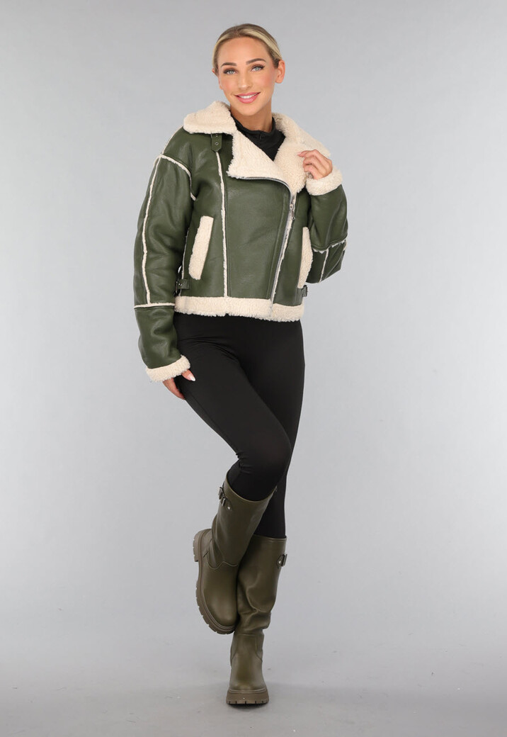 Groene Lederlook Lammy Coat met Gesp Details