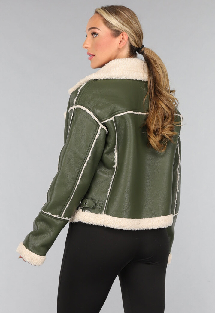 Groene Lederlook Lammy Coat met Gesp Details