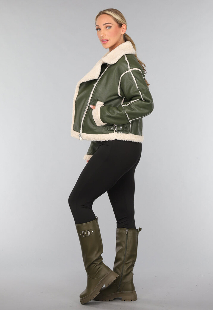 Groene Lederlook Lammy Coat met Gesp Details