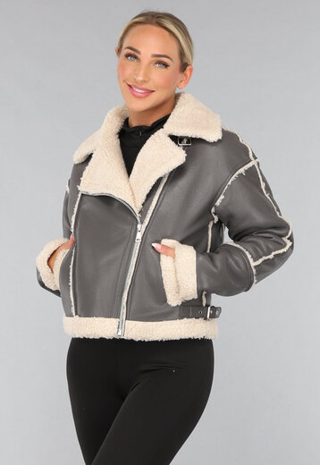 Grijze Lederlook Jas met Teddy Voering