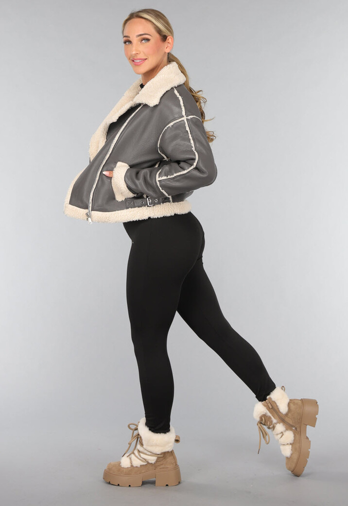 Grijze Lederlook Jas met Teddy Voering