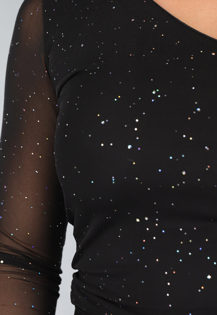 Zwarte One Shoulder Top met Glitters