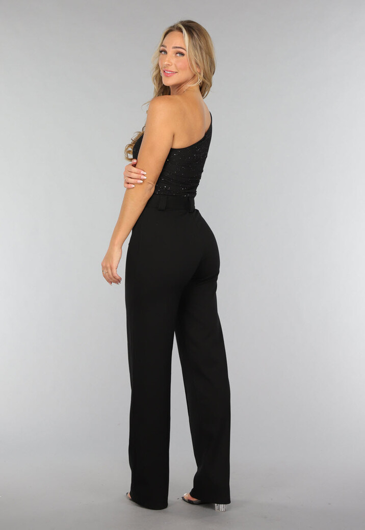 Zwarte One Shoulder Top met Glitters