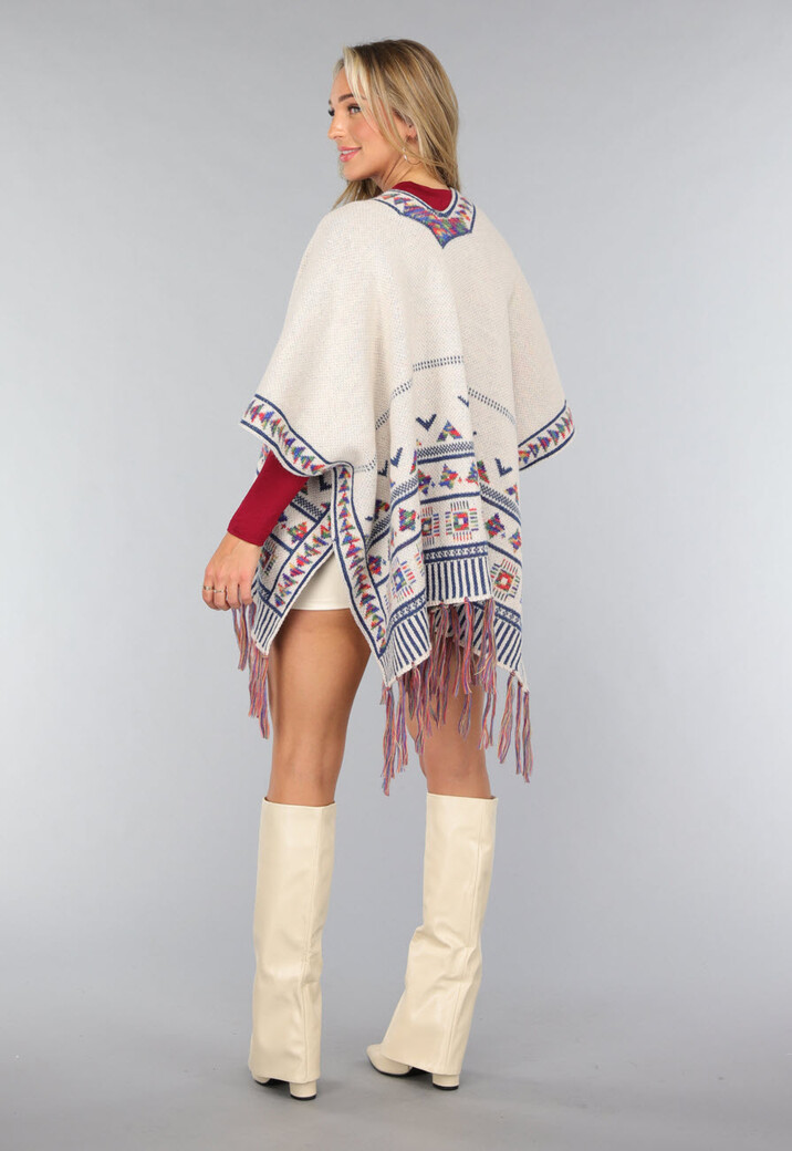 Beige Print Cardigan met Franjes