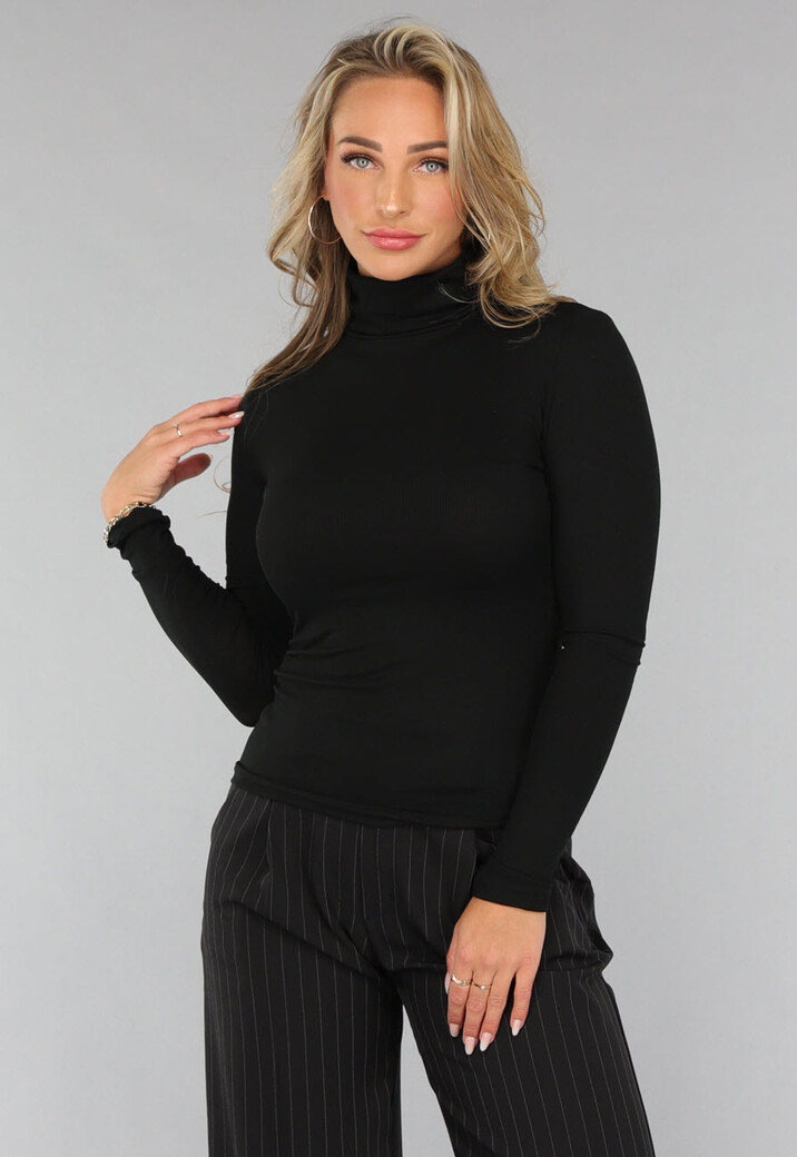 Longsleeve Ribstof Top met Col in Zwart
