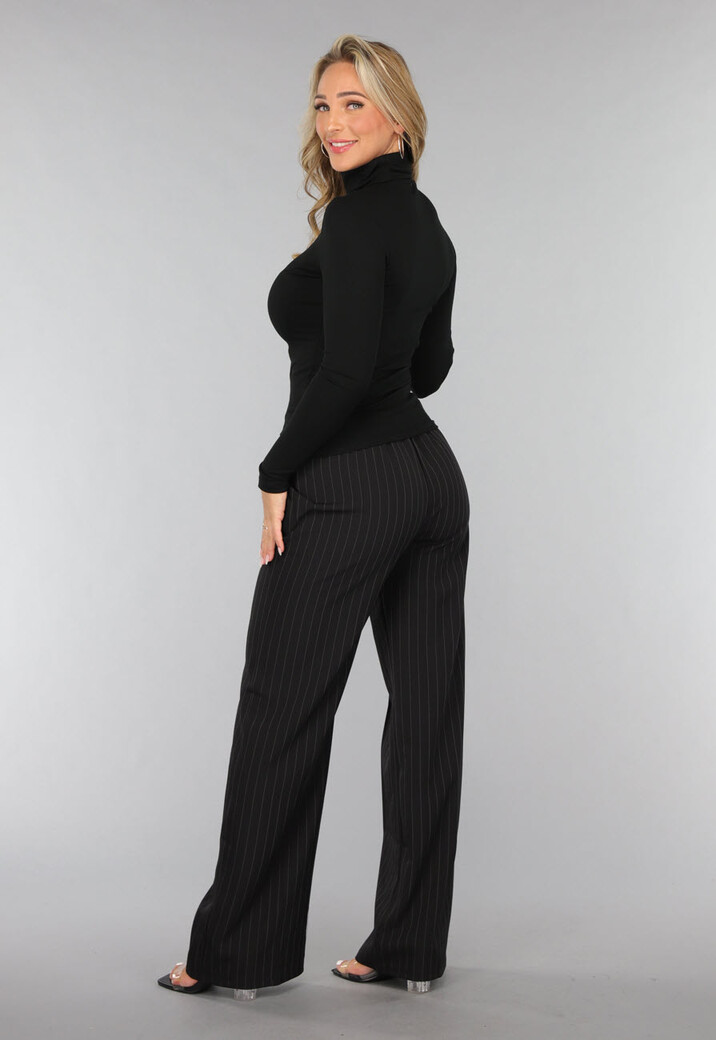 Longsleeve Ribstof Top met Col in Zwart